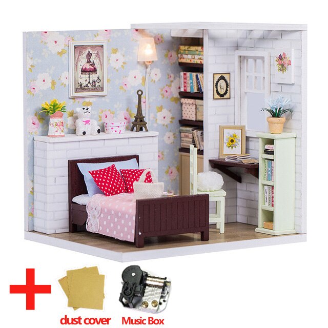 Doll House Furniture DIY Miniature Model Dust Cover 3D Wooden Dollhouse Christmas Gifts Toys For Children Kitten Diary H013 #E