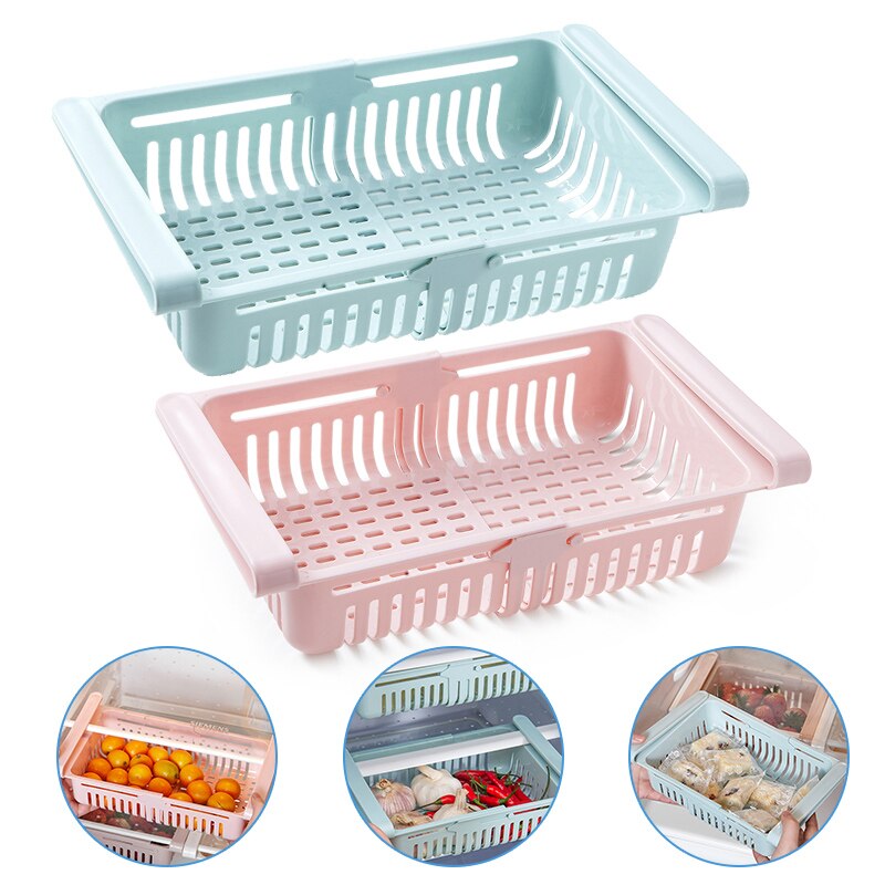 2Pcs Kitchen Accessories Storage Container Refrigerator Organizer Adjustable Plastic Fridge Storage Baskets Pull-out Drawer