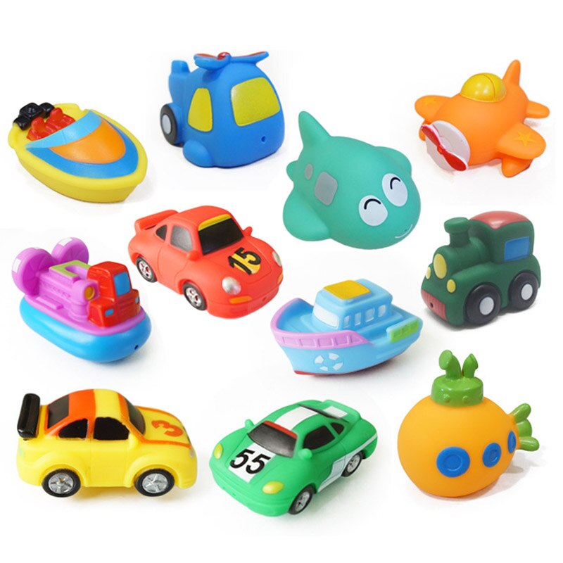 8pcs/lot Soft Rubber Vehicle Car Boat model Water Spraying Toys cartoon animal fish Squeeze Sound  Beach Bathroom baby Toys