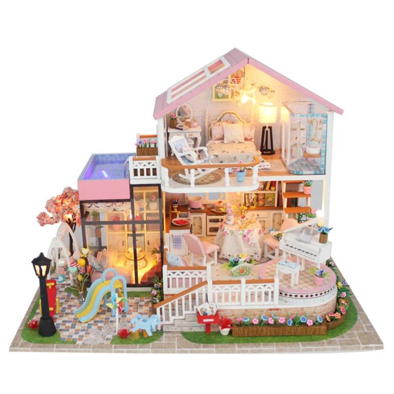 Baby Wooden DIY Doll House Miniature Handmade Assembly Model House Toy Furniture Dollhouse Birthday Gifts Christmas Decorations