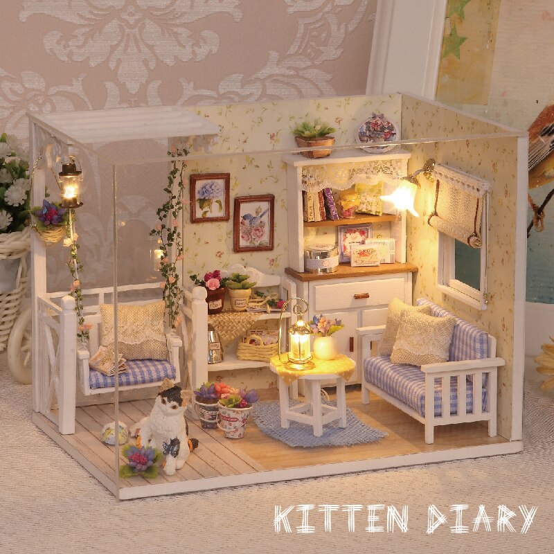 Doll House Furniture DIY Miniature Model Dust Cover 3D Wooden Dollhouse Christmas Gifts Toys For Children Kitten Diary H013 #E