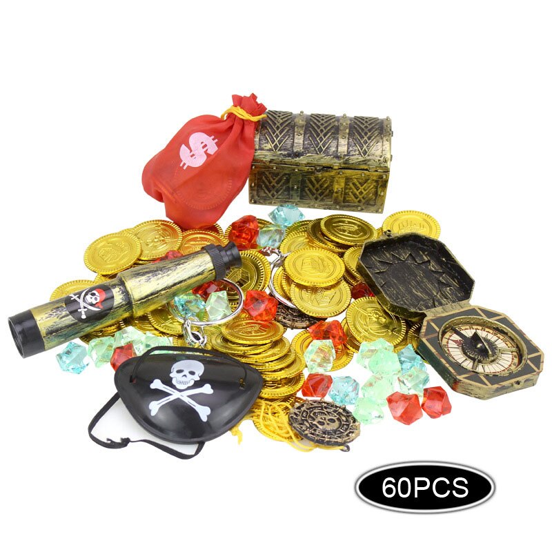 60 pcs  Children's Pirate Treasure Toys Treasure Hunting Game Props Pirate Gem Gold Coin Pirate dress up Set toys