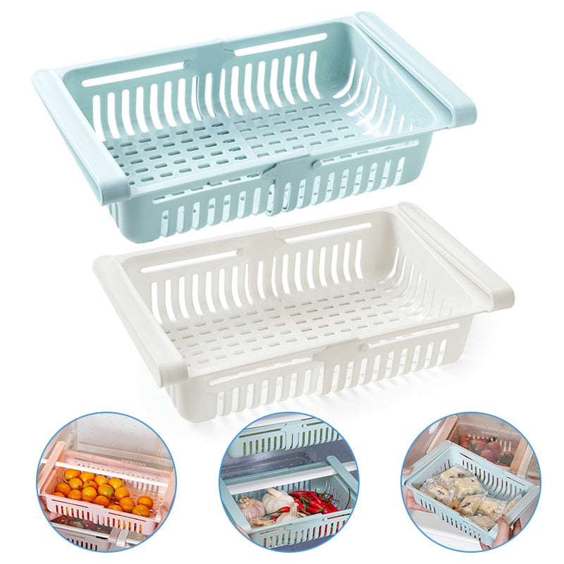 2Pcs Kitchen Accessories Storage Container Refrigerator Organizer Adjustable Plastic Fridge Storage Baskets Pull-out Drawer